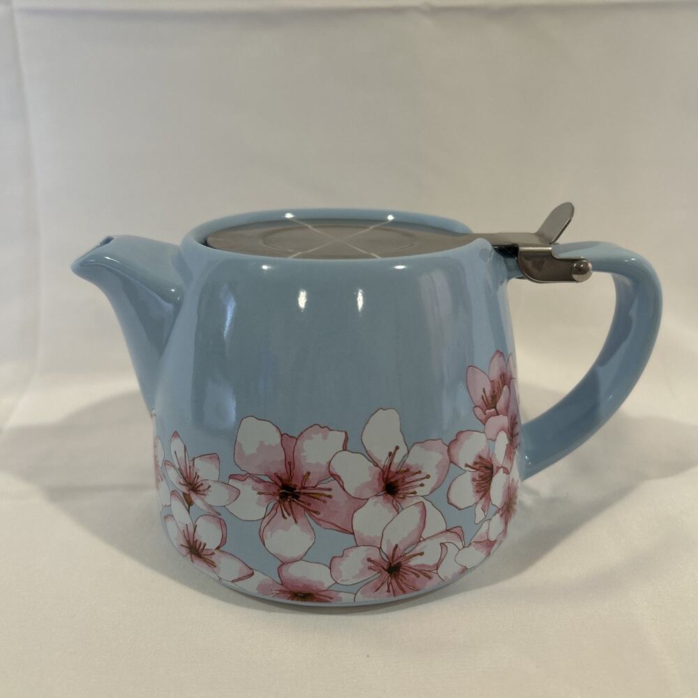 Teapot for One with Tea Infuser, Blue with Pink Flowers 16 ounce